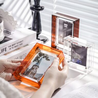 Custom double-sided transparent acrylic frame for tabletop display