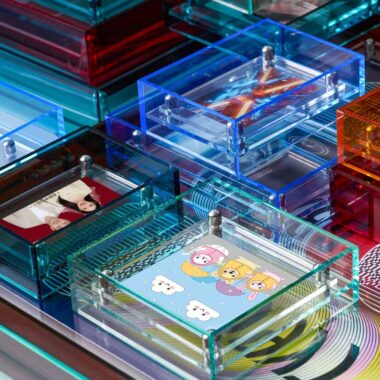 Custom double-sided transparent acrylic frame for tabletop display