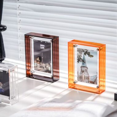 Custom double-sided transparent acrylic frame for tabletop display