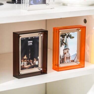 Custom double-sided transparent acrylic frame for tabletop display