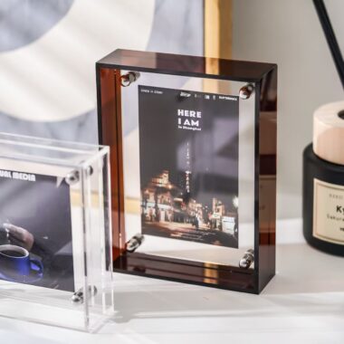 Custom double-sided transparent acrylic frame for tabletop display