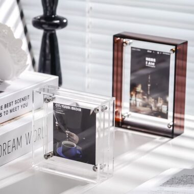 Custom double-sided transparent acrylic frame for tabletop display