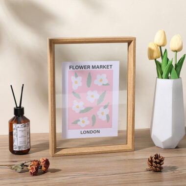 Custom size double-sided floating wood picture frame showing clear transparency and natural wood finish