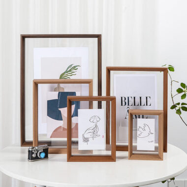 Custom size double-sided floating wood picture frame showing clear transparency and natural wood finish