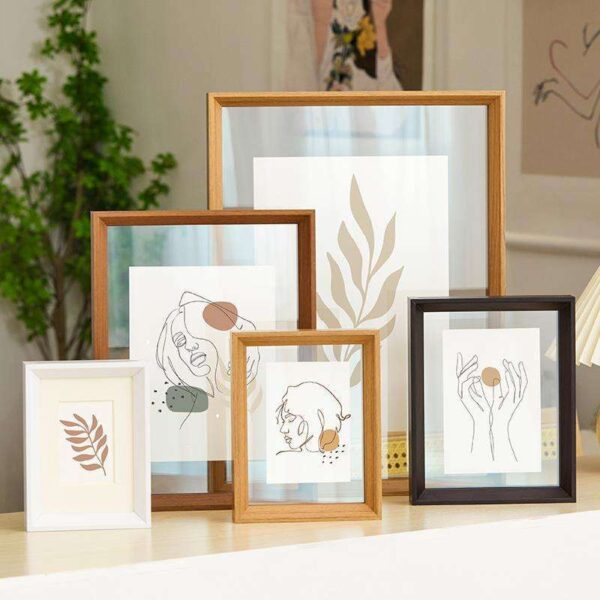 Custom size double-sided floating wood picture frame showing clear transparency and natural wood finish