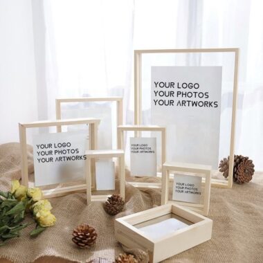 Custom size double-sided floating wood picture frame showing clear transparency and natural wood finish