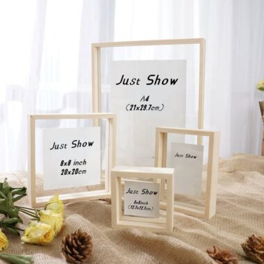 Custom size double-sided floating wood picture frame showing clear transparency and natural wood finish