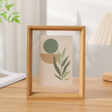 Custom size double-sided floating wood picture frame showing clear transparency and natural wood finish