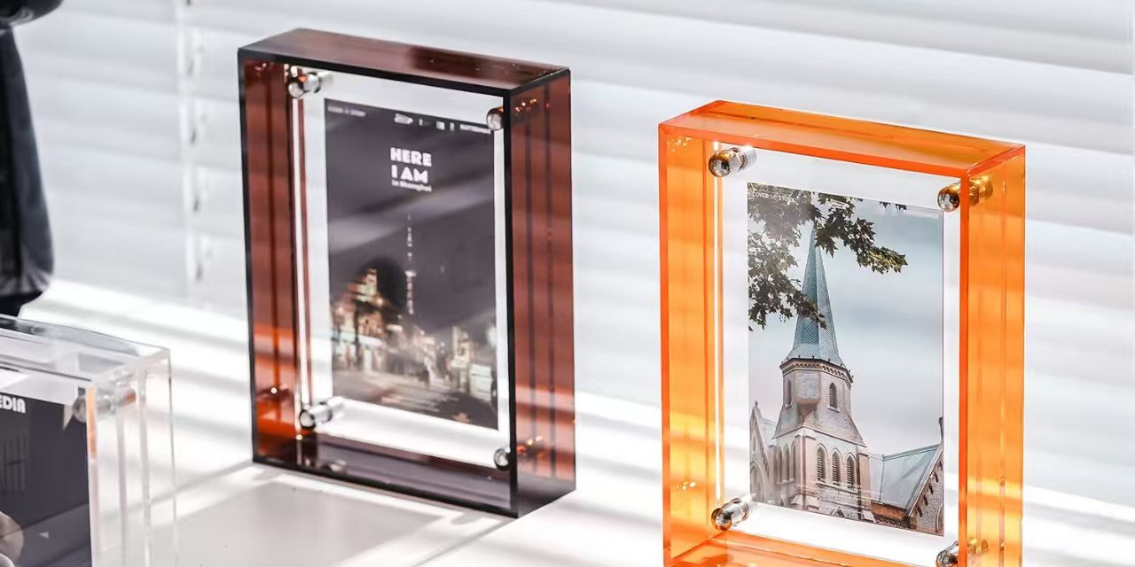 Custom double-sided transparent acrylic frame for tabletop display