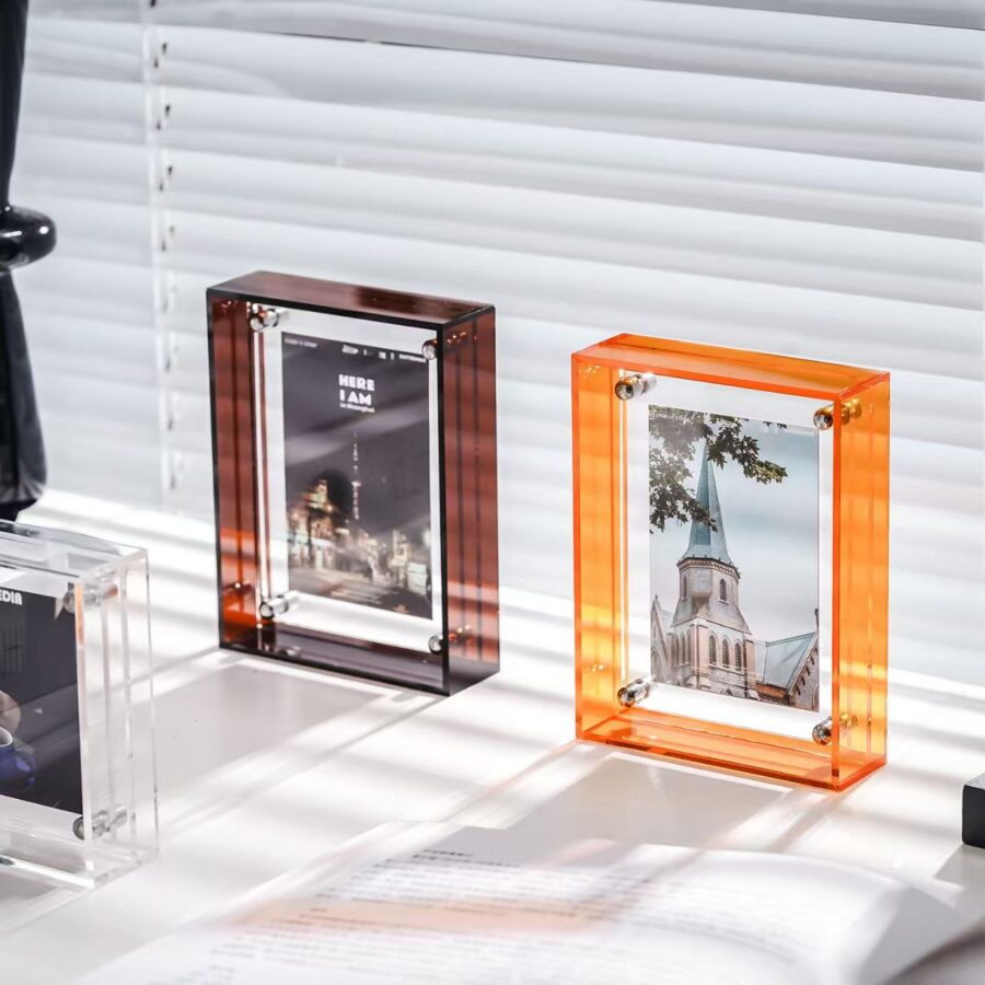 Custom double-sided transparent acrylic frame for tabletop display